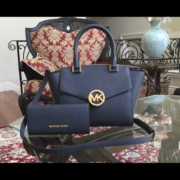 NWT Michael Kors MD Hudson Satchel&wallet navy